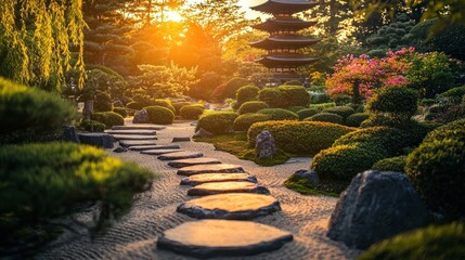 Serene sunset view of a Japanese garden with stone pathway, pagoda, and lush greenery.