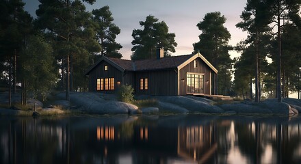 Cozy lakeside cottage nestled in a pine forest, its warm glow reflecting on the tranquil water at twilight