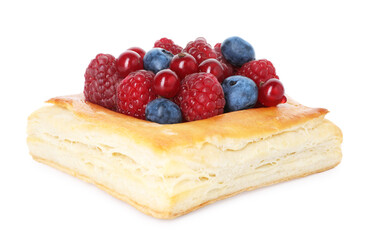 Yummy puff pastry with berries isolated on white