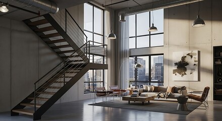 Fototapeta premium Modern Loft Interior with Staircase and City Views Architectural and Design Elements