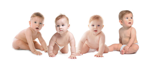 Adorable babies in diapers on white background