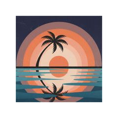 Sunset Palm Tree Reflection, Minimalist Tropical Ocean Scene, Vintage Style Art Print