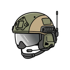 Tactical Helmet with Headset and Antenna, Military Gear, Protective Headwear, Combat Equipment Illustration
