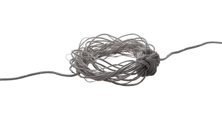 Tangled light grey string or cord in a circular shape on a white background, close-up studio shot.