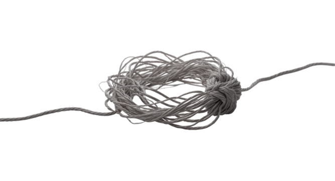 Tangled light grey string or cord in a circular shape on a white background, close-up studio shot.