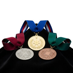 Three Award Medals on Dark Fabric, Gold, Silver, Bronze, Winner, Champion, Achievement, Success