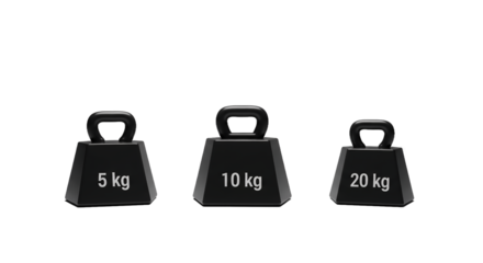Three black weights of 5kg, 10kg and 20kg on a gray background