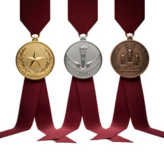 Three Awards Medals with Burgundy Ribbons, Gold, Silver, Bronze, Winner, Champion, First Place, Second Place, Third Place