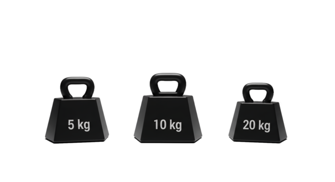 Three black weights of 5kg, 10kg and 20kg on a gray background