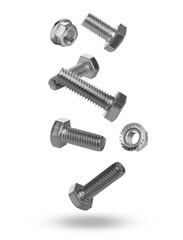 Metal nuts and bolts falling against white background