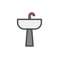 Simple Outline Vector Graphic of a White Pedestal Sink with a Bright Red Faucet