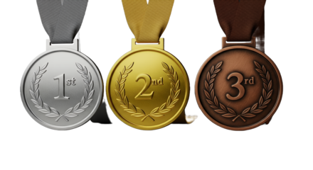 Three Medals Gold, Silver, Bronze Award Ceremony Winning Prize First Second Third Place Competition Success Achievement Victory Celebration Trophy