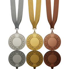 Three Gold, Silver, and Bronze Medals with Laurel Wreaths, Achievement, Award, Winning, Success, Competition, Victory, Celebration, Prize, Championship, First Place, Second Place, Third Place, Re