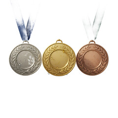 Three Medals with Ribbons and Water Droplets on Marble Platform