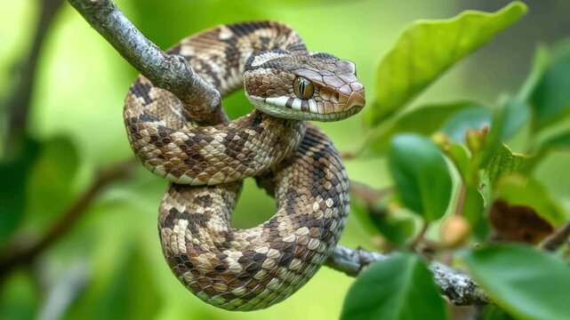 Camouflaged snake coiled around tree branch, green leaves blurred in the background