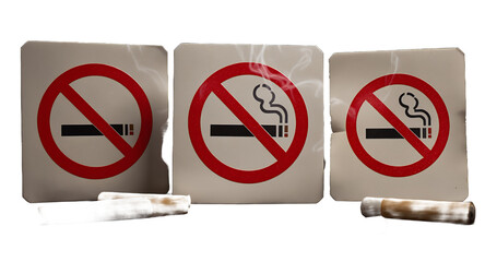 Three No Smoking Signs with Cigarettes and Smoke