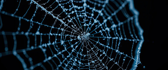 Spider web covered with dew drops glowing in blue light on dark background, mysterious and spooky atmosphere perfect for Halloween decoration, abstract creepy detail
