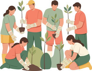 vector illustration of a diverse community group planting a tree together for environmental protection and International Day for Disaster Risk Reduction.