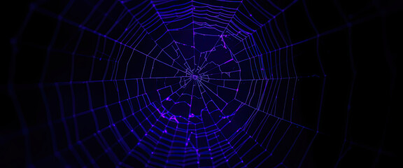 Naklejka premium Spider web glowing with purple and blue light on dark background, spooky and mysterious atmosphere perfect for Halloween decoration, abstract texture and creepy detail 
