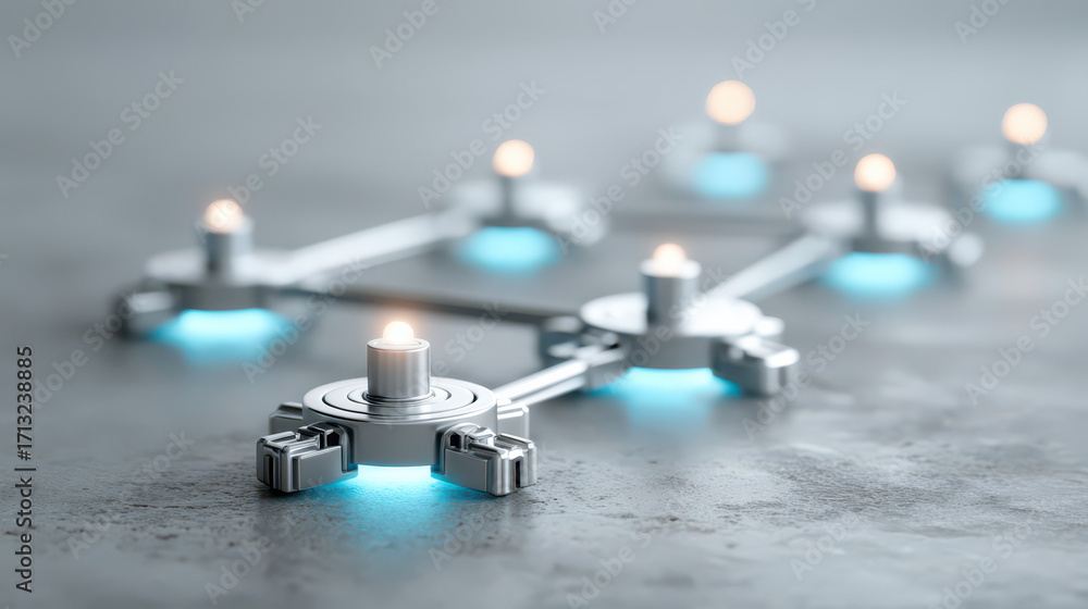 Poster illuminating connection: a network of interconnected, futuristic metallic elements, each glowing sof