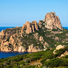 Rocky outcrop rising above a coastal landscape