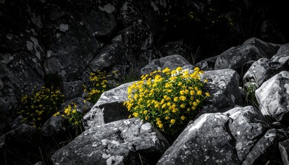 Rocky outcrop with bright yellow wildflowers
