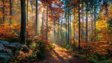 Obraz premium Autumn nature landscape of colorful forest in morning sunlight. High quality