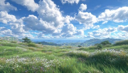 Sunny hilltop meadow, wildflowers, vast view