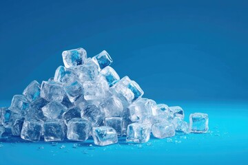 Obraz premium A pile of clear ice cubes against a vibrant blue backdrop