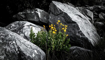 Rocky outcrop with small yellow flowers