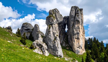 Rocky outcrops on a hillside under a partly cloudy sky