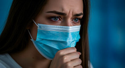Young Woman Coughing In Mask