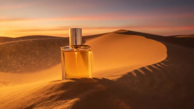 Elegant Perfume Bottle Resting on Sand Dune Amidst Golden Desert Sunset with Flowing Sand Particles