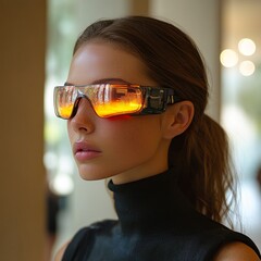 Visionary: A young woman gazes ahead, donning futuristic glasses, reflecting an abstract landscape. Capturing the essence of technology and future concepts, in a studio shot. 