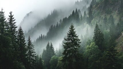 Misty mountain forest scene. Lush green conifers and trees fill the hillside sloping into a thick, hazy fog