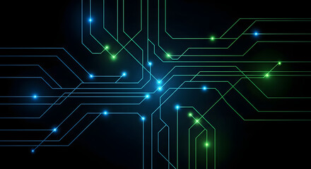 Abstract digital circuit board with glowing blue and green connections on a dark background.