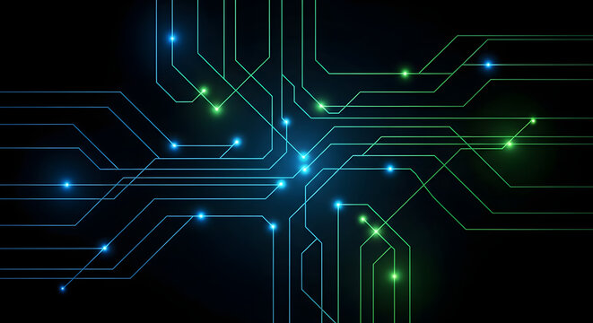 Abstract digital circuit board with glowing blue and green connections on a dark background.