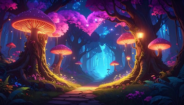 Magical forest path with glowing mushrooms and heart-shaped light