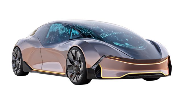 Futuristic electric sports car, sleek aerodynamic design, glowing neon lines, advanced AI control system, isolated on a white background
