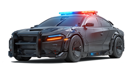 Cybernetic police patrol car, glowing sirens, AI facial recognition system, armored body, isolated on a white background
