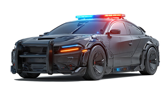 Cybernetic police patrol car, glowing sirens, AI facial recognition system, armored body, isolated on a white background - Powered by Adobe