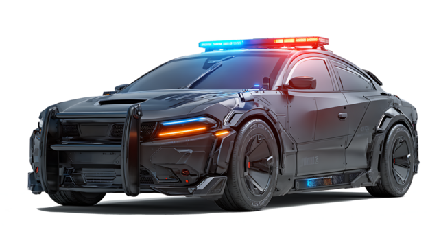 Cybernetic police patrol car, glowing sirens, AI facial recognition system, armored body, isolated on a white background