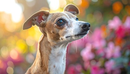 A captivating close-up portrait of a fawn-and-white Italian Greyhound, showcasing its attentive expression and soft features against a backdrop of out-of-focus vibrant pink and yellow flowers.