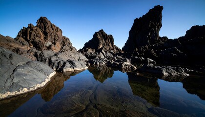 Rocky shoreline reflecting a clear sky