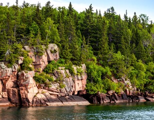 Rocky shoreline meets lush forest