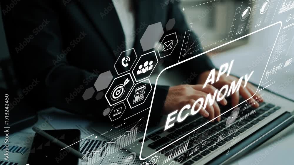 Poster business professional working on laptop in an office with api economy graphics overlay. asymptotic s