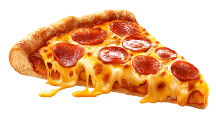 Classic pizza slice with melting cheese and pepperoni, isolated on a white background