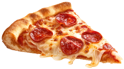 Classic pizza slice with melting cheese and pepperoni, isolated on a white background