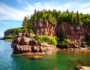 Rocky shoreline with lush forest