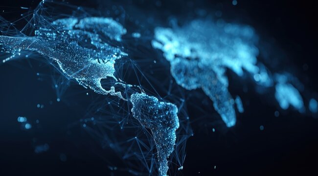 abstract digital map of the world with global network connections on a dark blue background, a technology and business concept Generative AI - Powered by Adobe